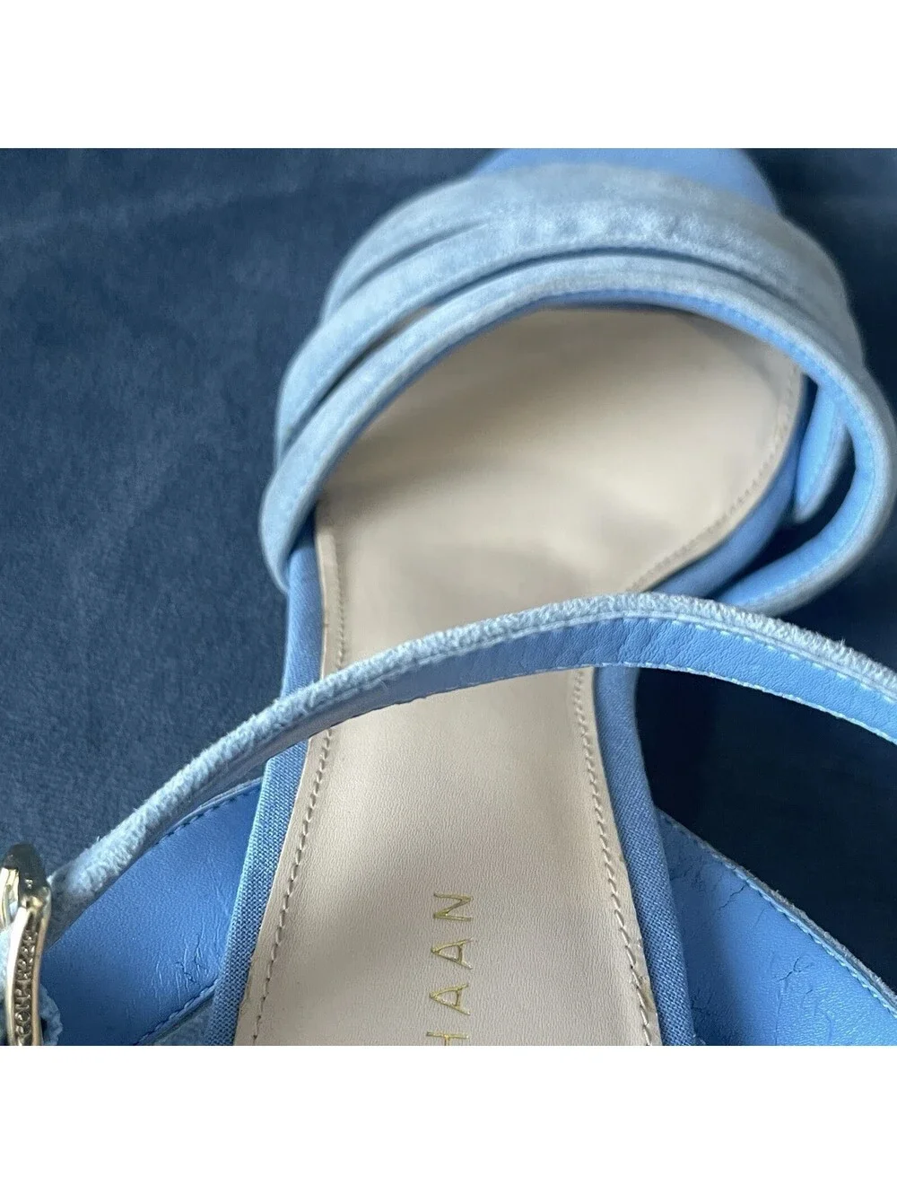 Cole Haan Woman's 6B Jasmine  Espadrille Wedge Blue Suede Gold 3” Heel Sandals